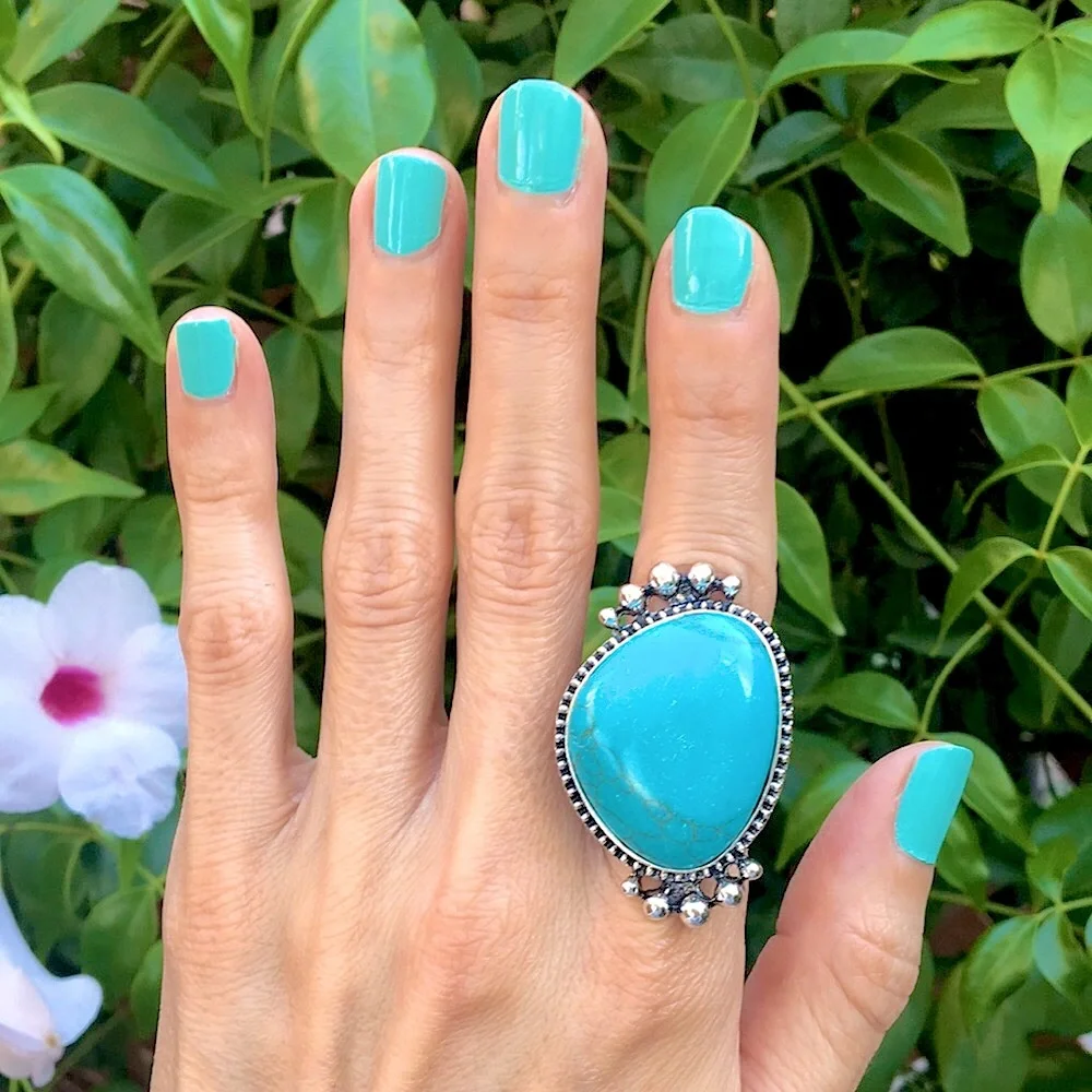 Oversized Turquoise + Silver Boho Statement Ring